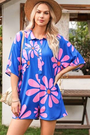 Flower Print Shirt Collar Button Front Romper