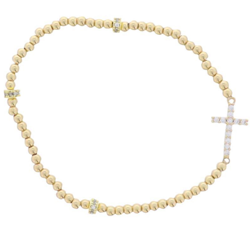 Jane Marie 18K Gold Plated Gold Beaded Stretch Bracelet With Clear Crystal Cross
