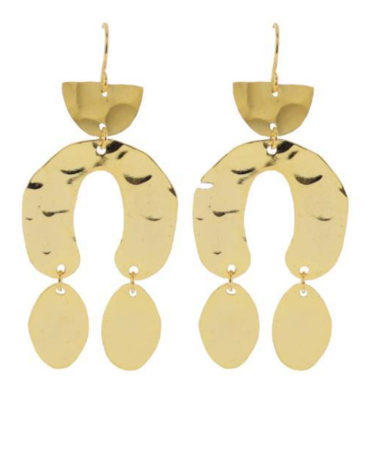 Jane Marie 18K Gold Plated Gold Hammered Half Circle and Arch Earrings With Gold Oval Dangles