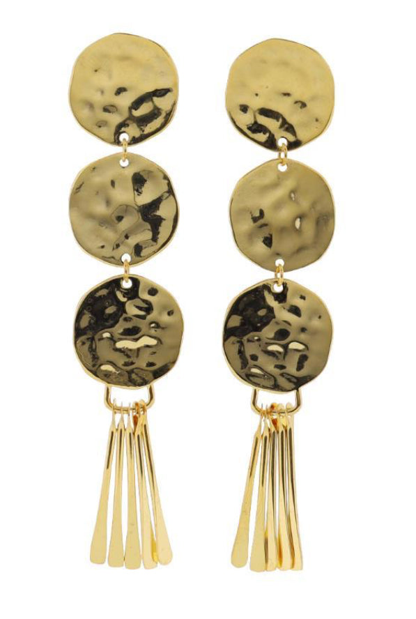 Jane Marie 18K Gold Plated Gold Hammered Descending Disk Earrings With Gold Fringe