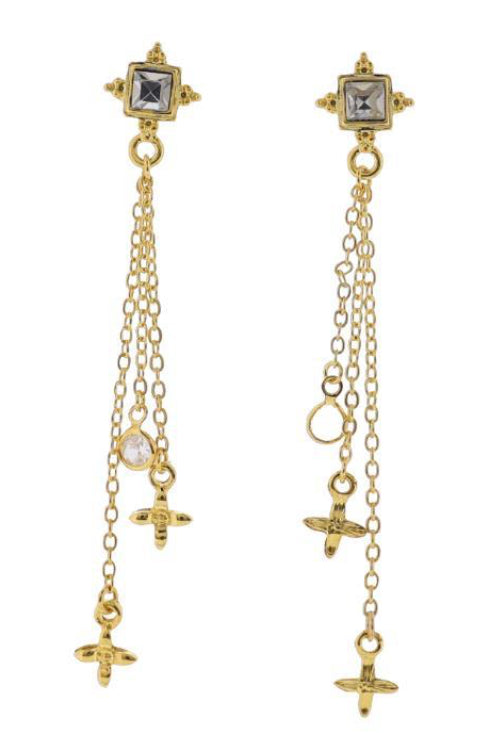 Jane Marie 18K Gold Plated Gold Crystal Square Earrings With Gold Chain Fringe With Crystal & Cross Accents