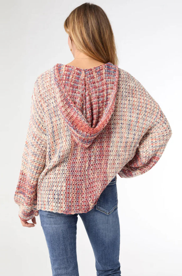 Coco+Carmen Neville Multi Color V-Neck Sweater with Hood Burgundy/Natural