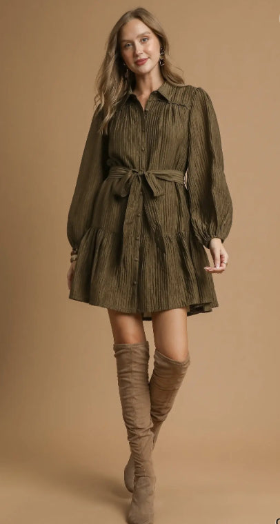 Umgee Crinkle Button-Front Tiered Mini Dress with Waist Tie Olive