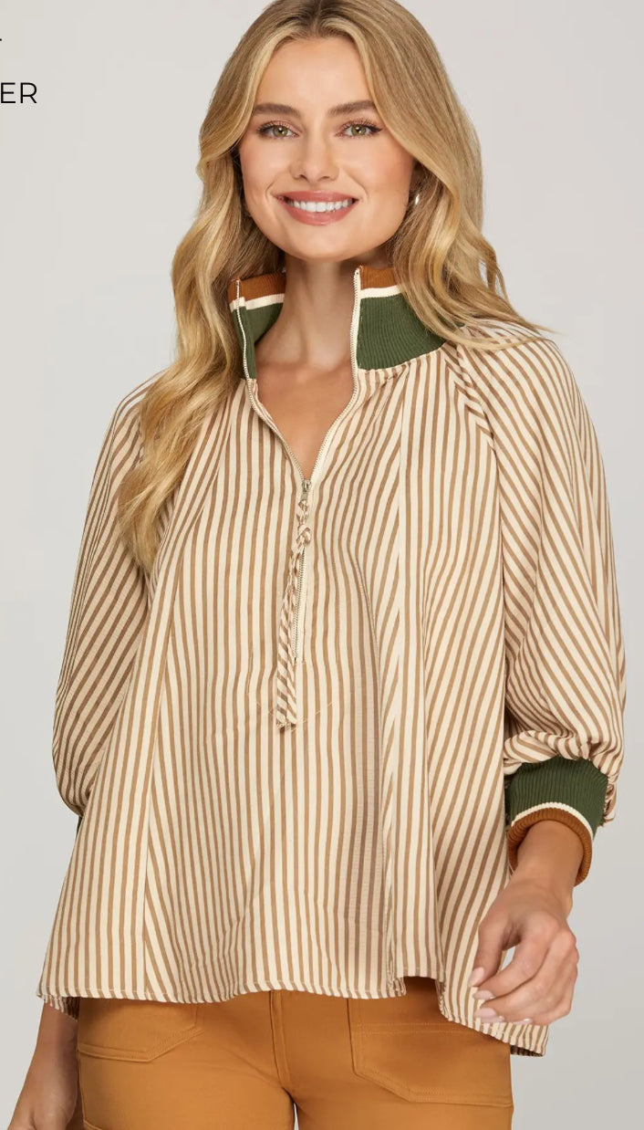 She + Sky 3/4 SLEEVE HALF ZIP STRIPED TOP Taupe