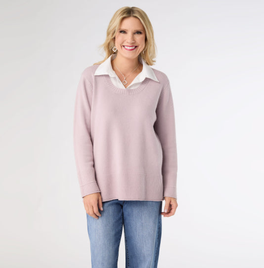 Coco+Carmen Heavenly Luxe Crew Neck Sweater With Woven Collar Blush Lavender