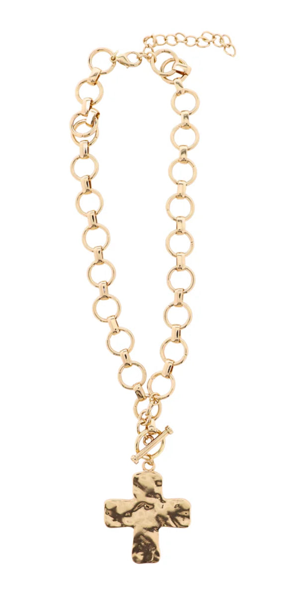 Jane Marie 18K Gold Plated Circle Link Chain Necklace With Gold Hammered Cross