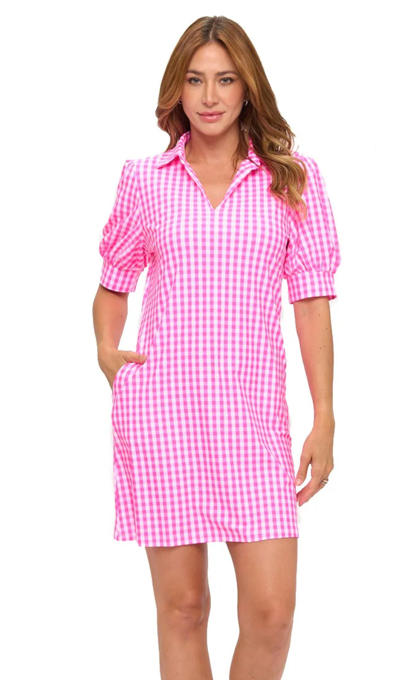 Aryeh Bubble Sleeve Plaid Dress Pink