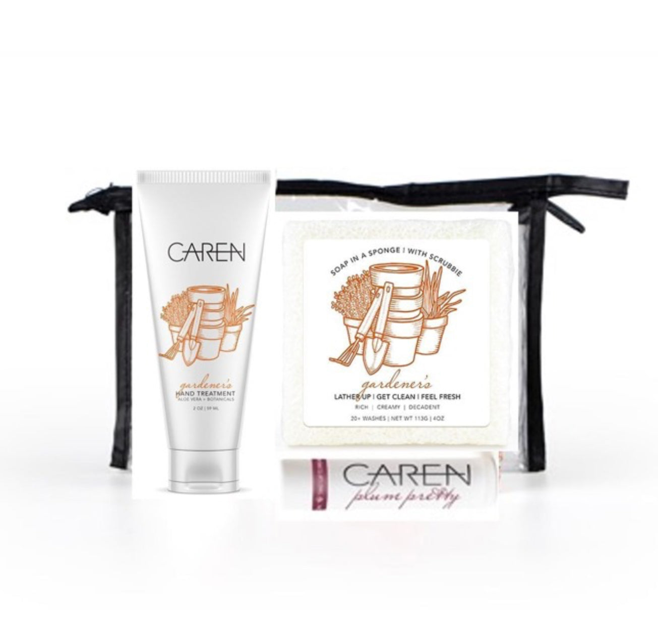 CAREN Gift Set includes Gardeners 2oz HT, Gardeners Soap Sponge, Free Plum Pretty Lip Balm & bag