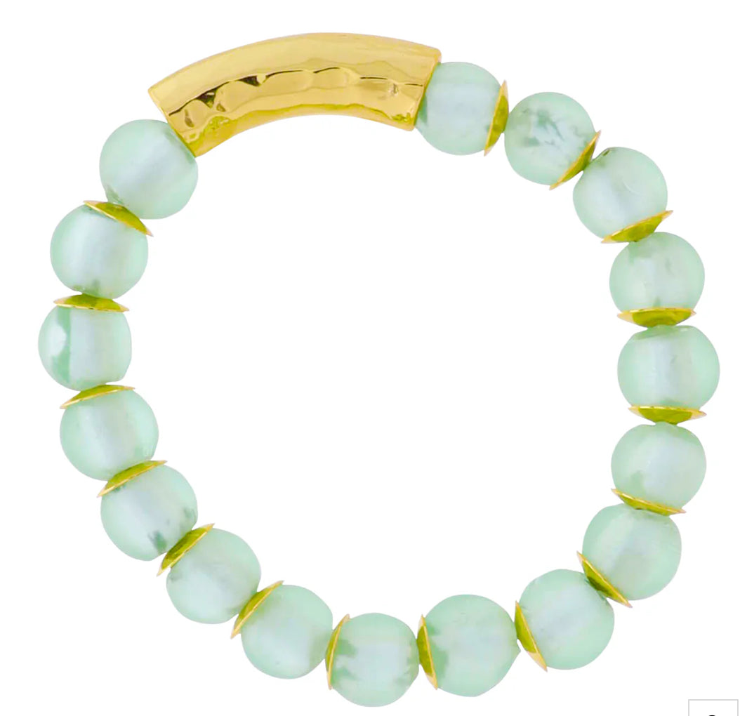 Jane Marie 18K Gold Plated Mint Tumbled Glass Beaded Stretch Bracelet With Gold Hammered Bar