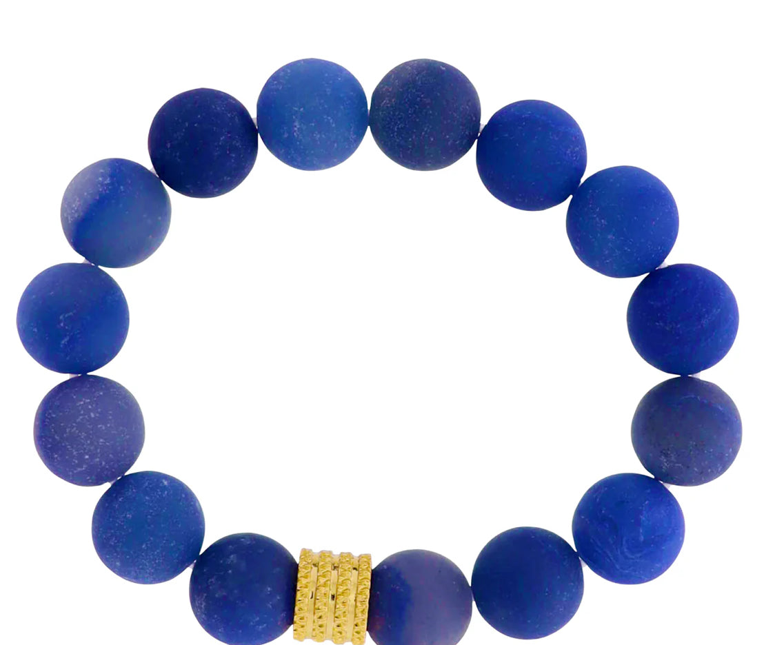 Jane Marie 18k Gold Plated Navy Semi Precious Beaded Stretch Bracelet With Gold Decorative Rondelle