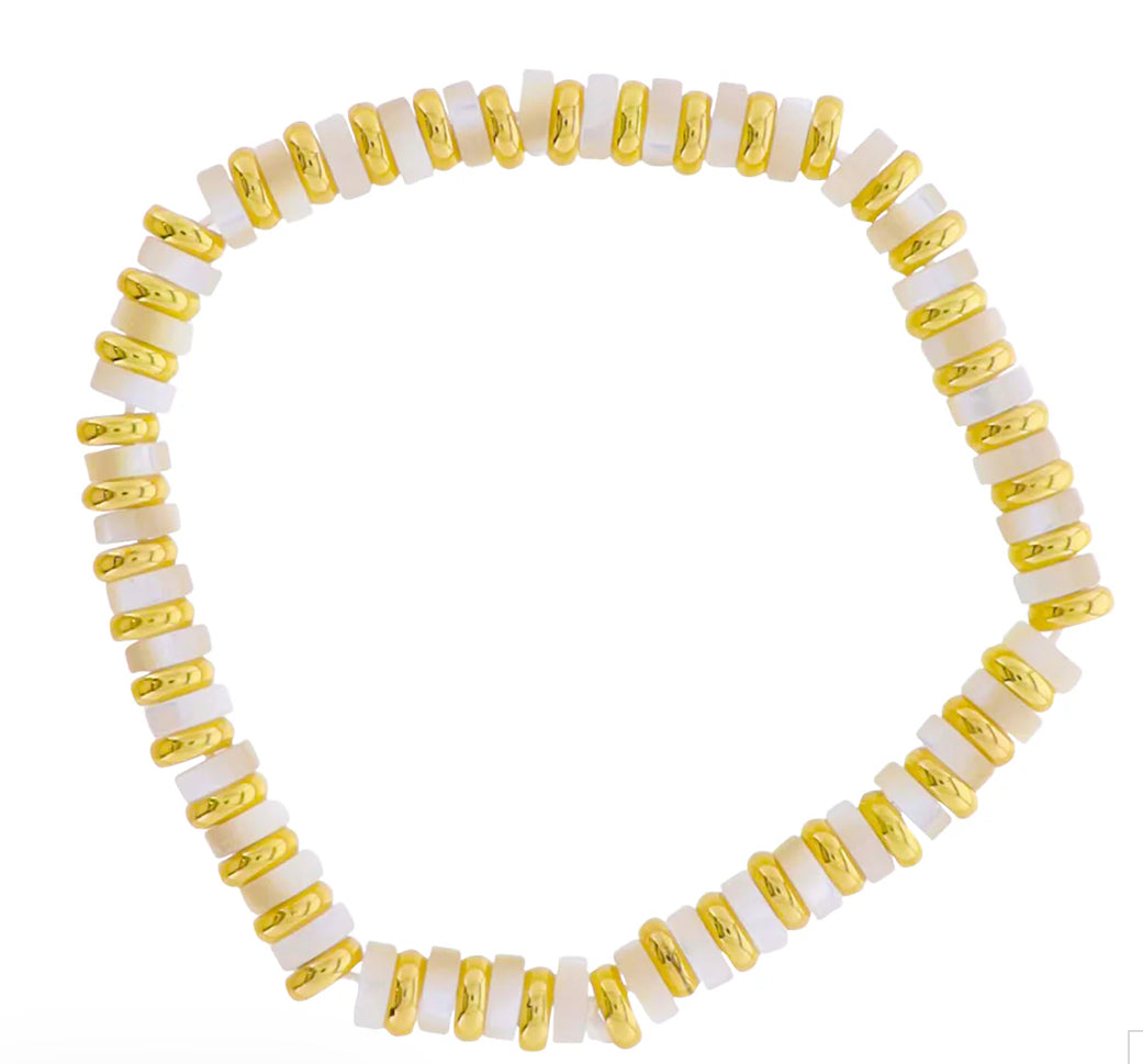 Jane Marie 18k Gold Plated White Shell Beaded Stretch Bracelet with Gold Spacers