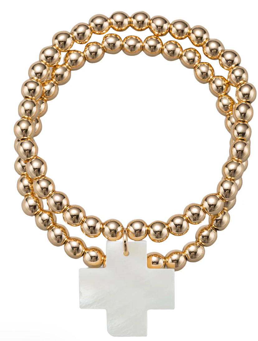Jane Marie 18k Gold Plated Set of 2 Beaded Stretch Bracelet with Shell Cross