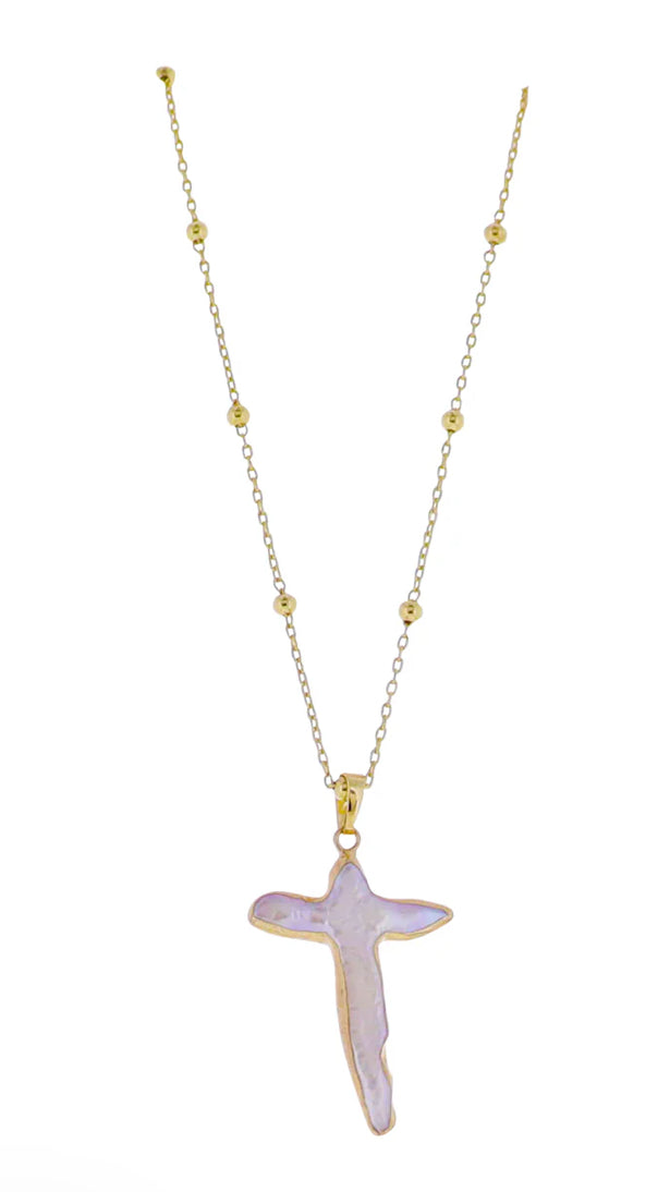 Jane Marie 18k Gold Plated Ball Station Chain Necklace with Electroplated Pearl Cross