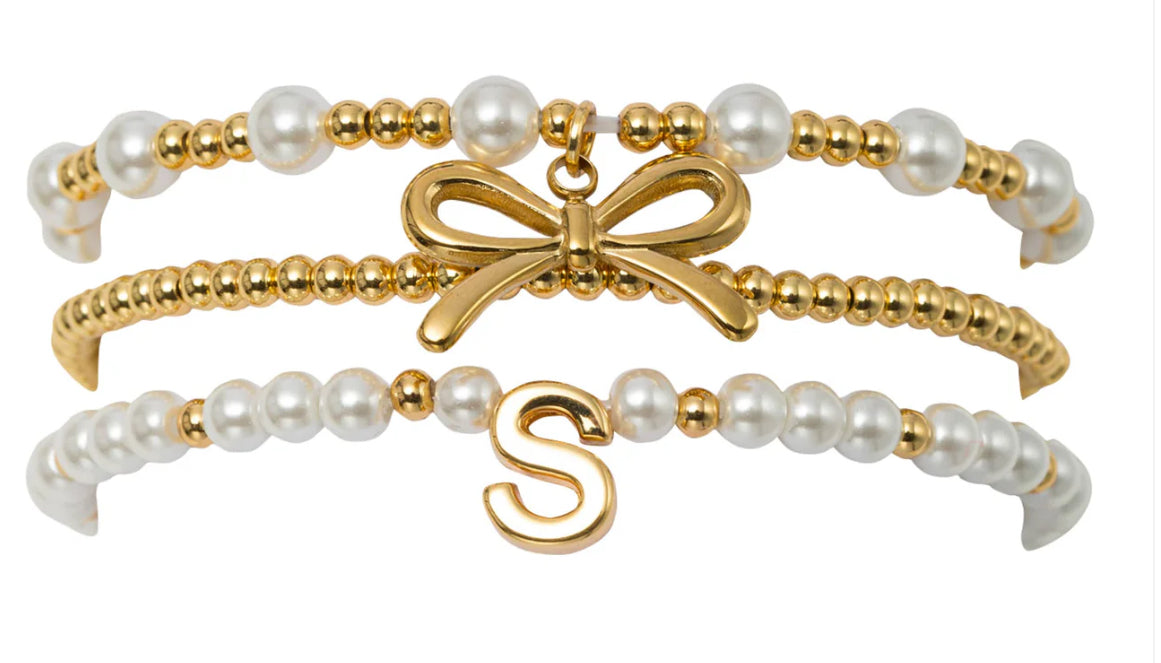 Jane Marie 18k Gold Plated Set 3 Gold, Pearl Beaded Stretch Bracelet with Gold Bow & Initial