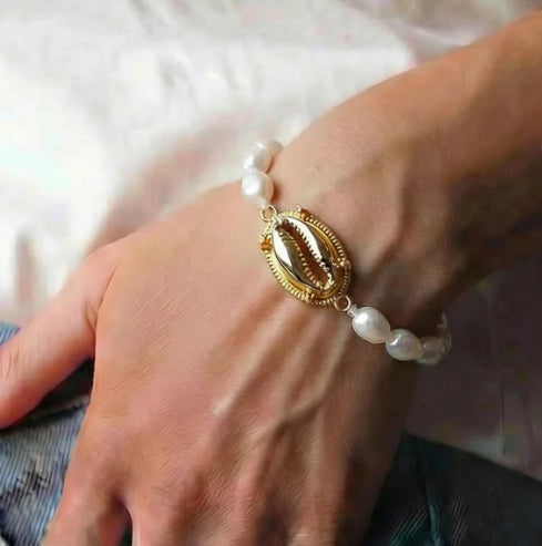 Jane Marie 18k Gold Plated Gold, Pearl Beaded Stretch Bracelet with Gold Cowrie Shell