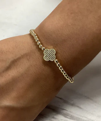Alex Carol 4MM Gold Ball w/ Pave Clover Cross