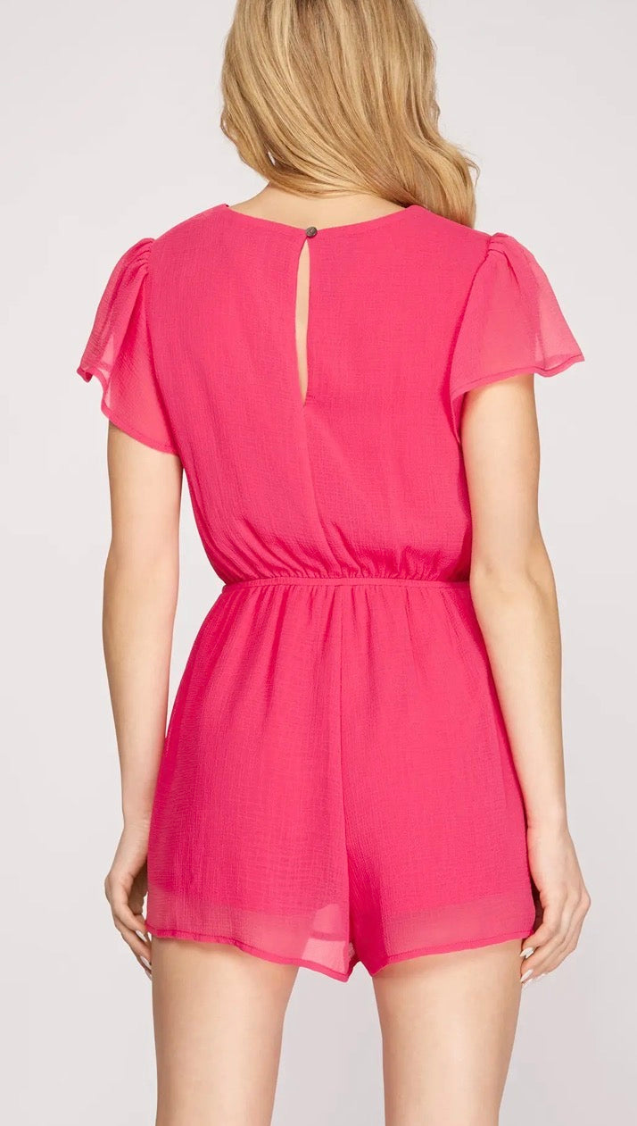 She + Sky SHORT RUFFLED SLEEVE WOVEN TEXTURED ROMPER