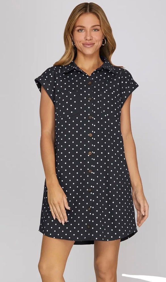 She + Sky SLEEVELESS POLKA DOT TWILL SHIRT MINI DRESS WITH POCKETS
