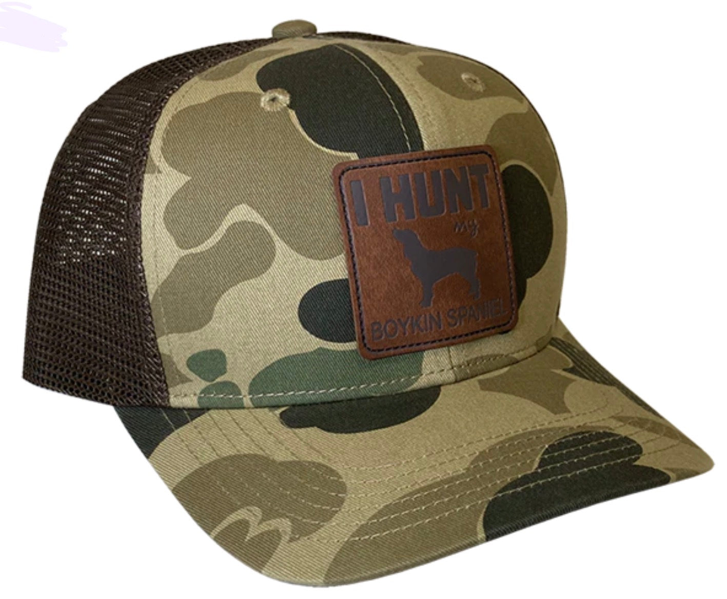 Brown Dog Camo Trucker 6 Panel Structured Hat I Hunt Leather Patch