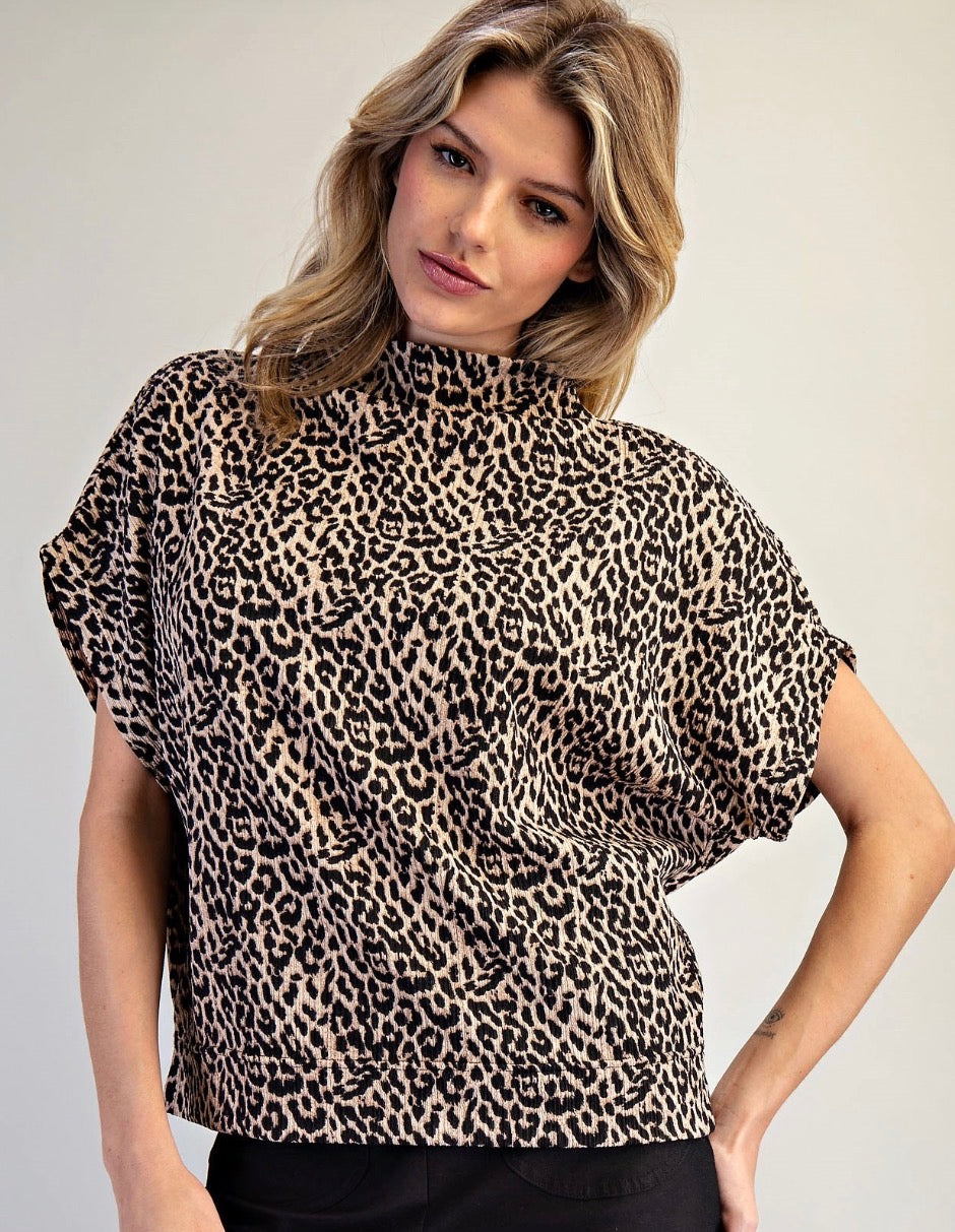 Ee:Some Leopard Print Mock Neck Dolman Sleeve Top