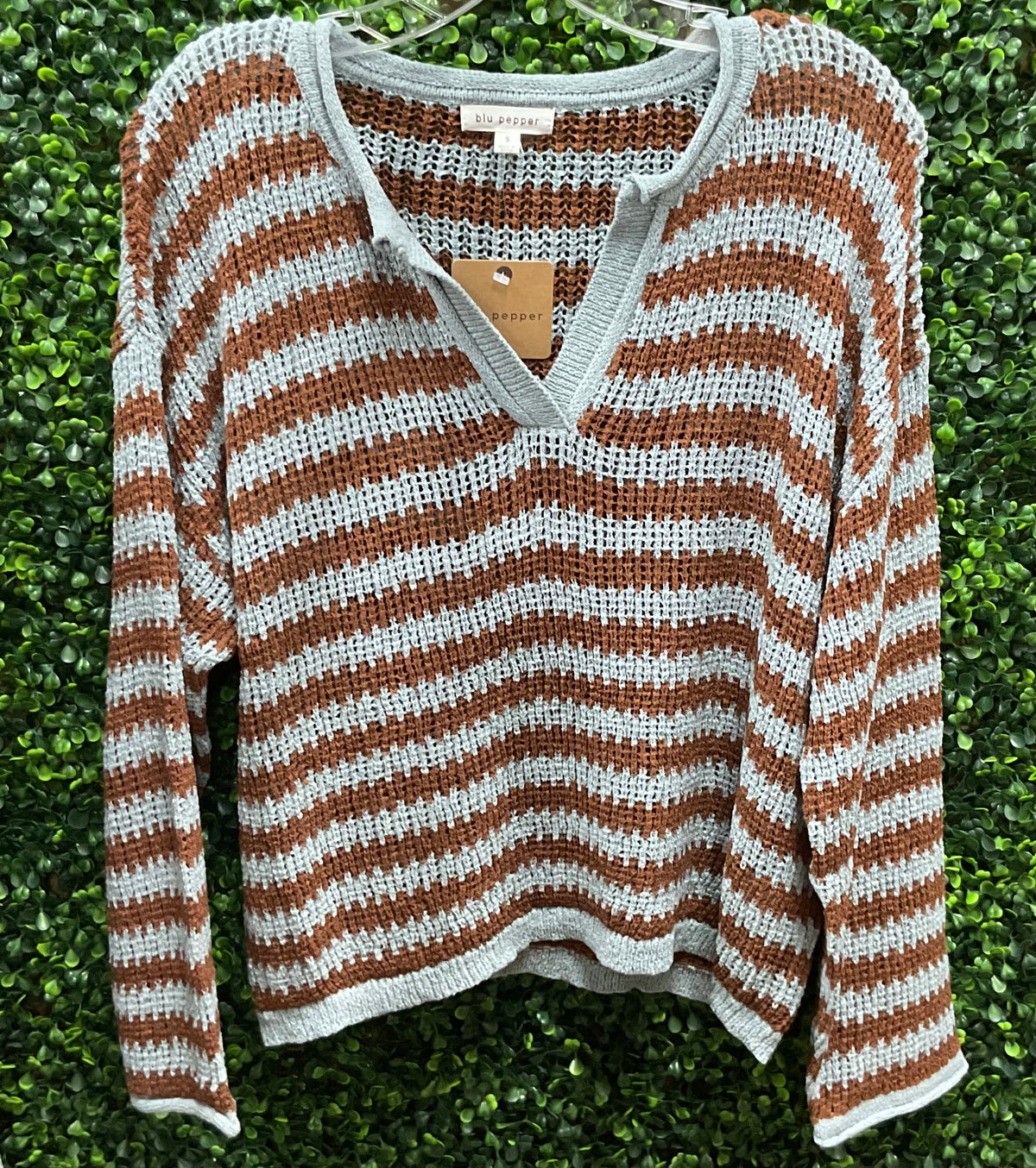 Blu Pepper Stripe Raw Edge Split Neck Sheer Knit Sweater