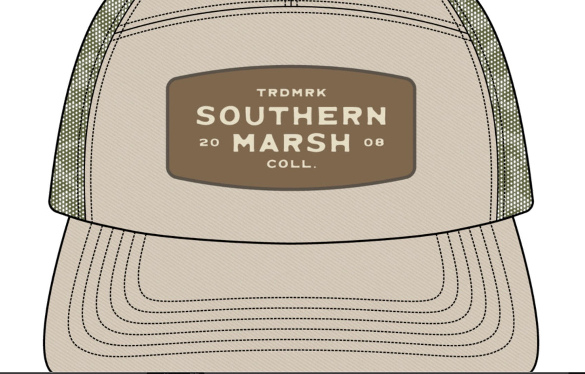 Southern Marsh Uvalde County 7 Panel Trucker Retro Camo Audubon Tan