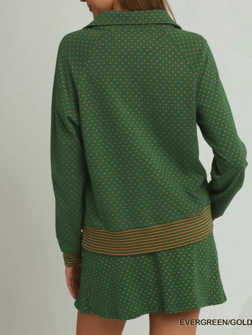 DOTS & STRIPES Half Zip Pullover with Matching Skort MOHMe by Umgee Evergreen/ Gold