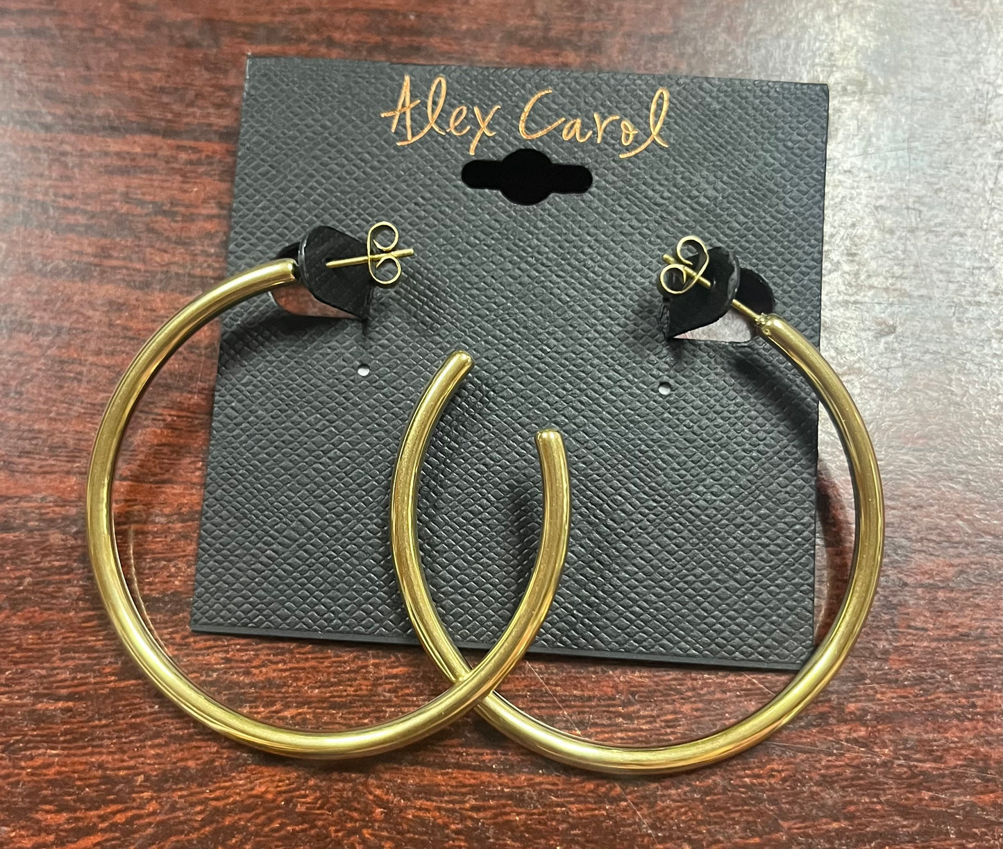 Alex Carol 50mm medium open 3mm hollow hoop 14KT gold color water resistant