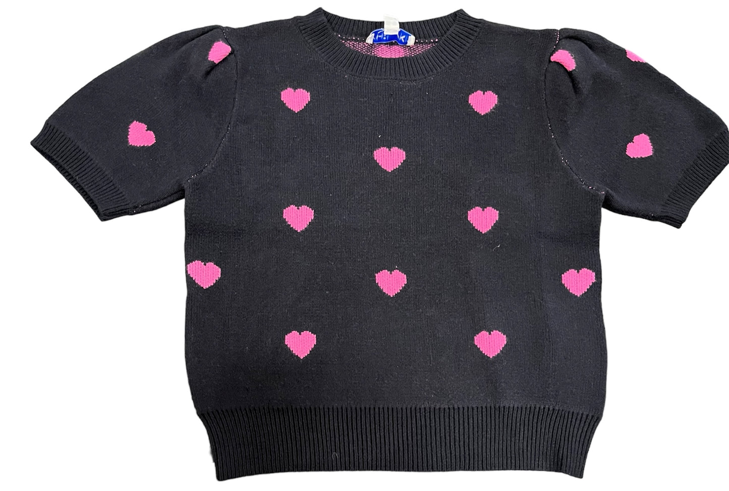 She & Sky SY6050 Short Puff Sleeve Heart Sweater Top Black