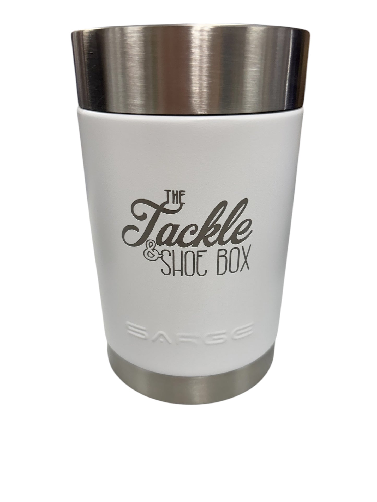 Sarge 12oz Can Cooler White With The Tackle & Shoe Box