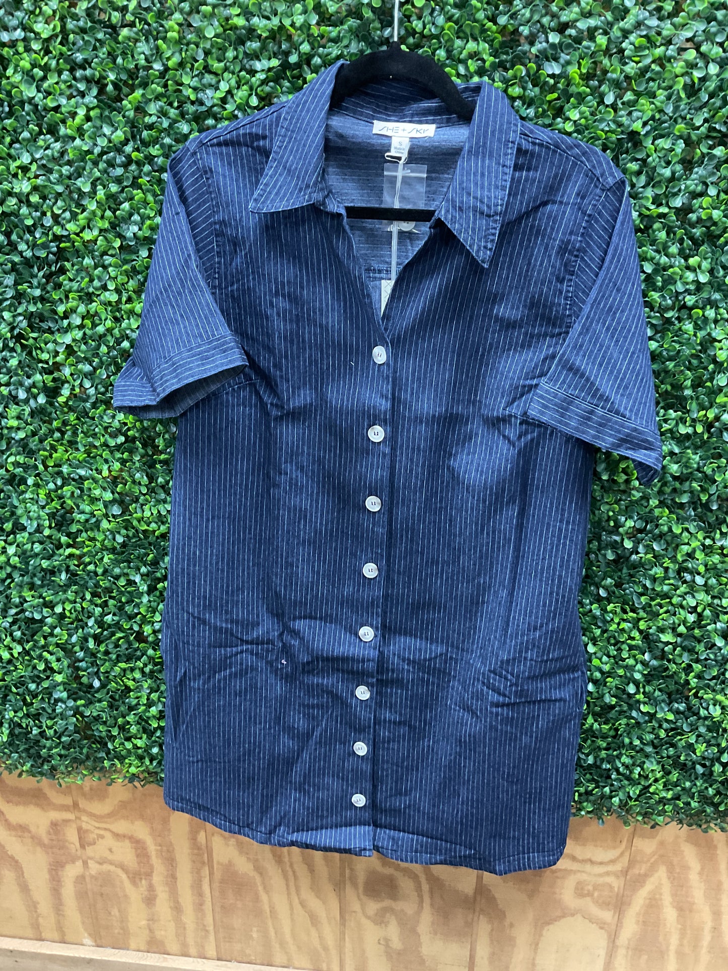 she and sky short sleeve striped washed denim button down collared mini dress