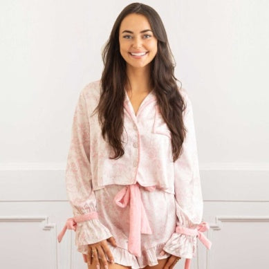 8 Oak Lane Satin Ruffle PJ Short Set - Pink Bow Toile