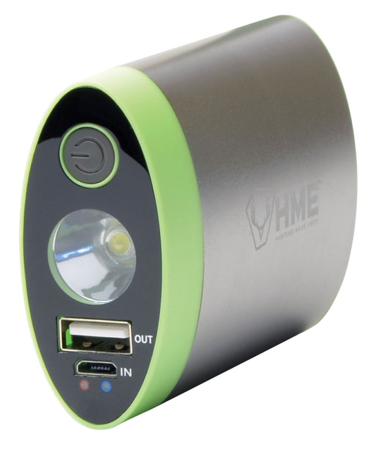 HME HW Hand Warmer with Light ABS Plastic Sliver w/Green Accent Rechargeable Lithium Ion