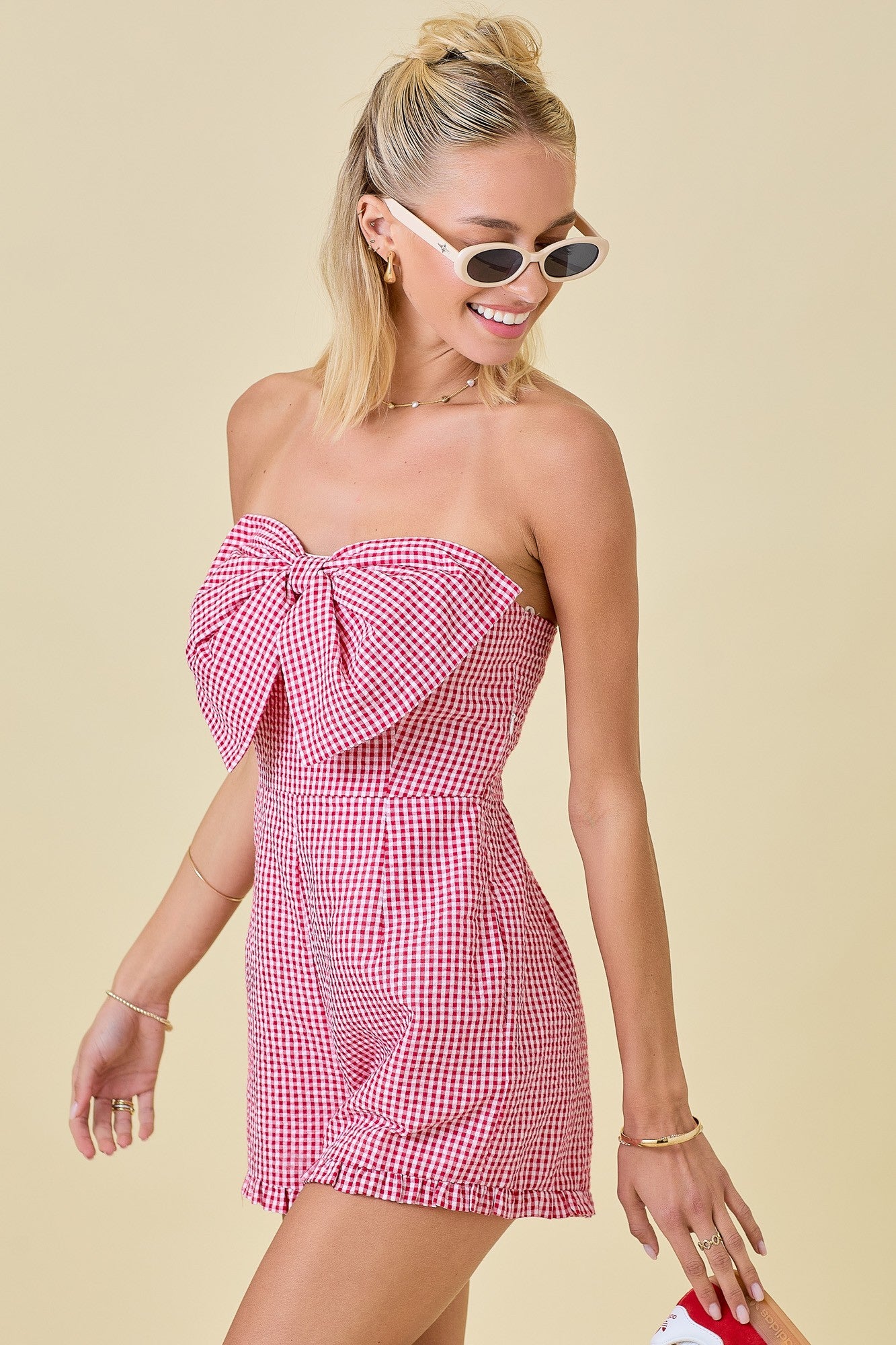 Day+Moon Gingham Red Romper with Bow and Ruffle Detail