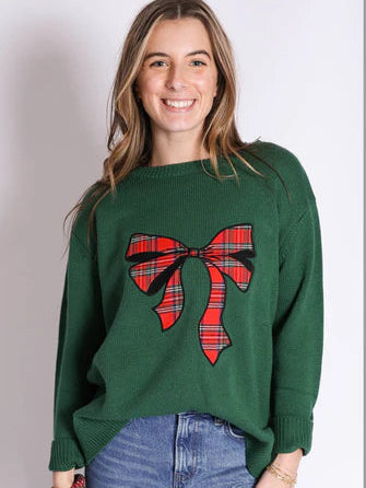 Lop it Off Pippa Sweater Green with Tartan Plaid Bow