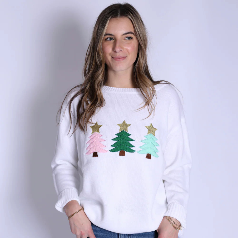 Top it off Pippa Sweater White with Christmas Trees Program