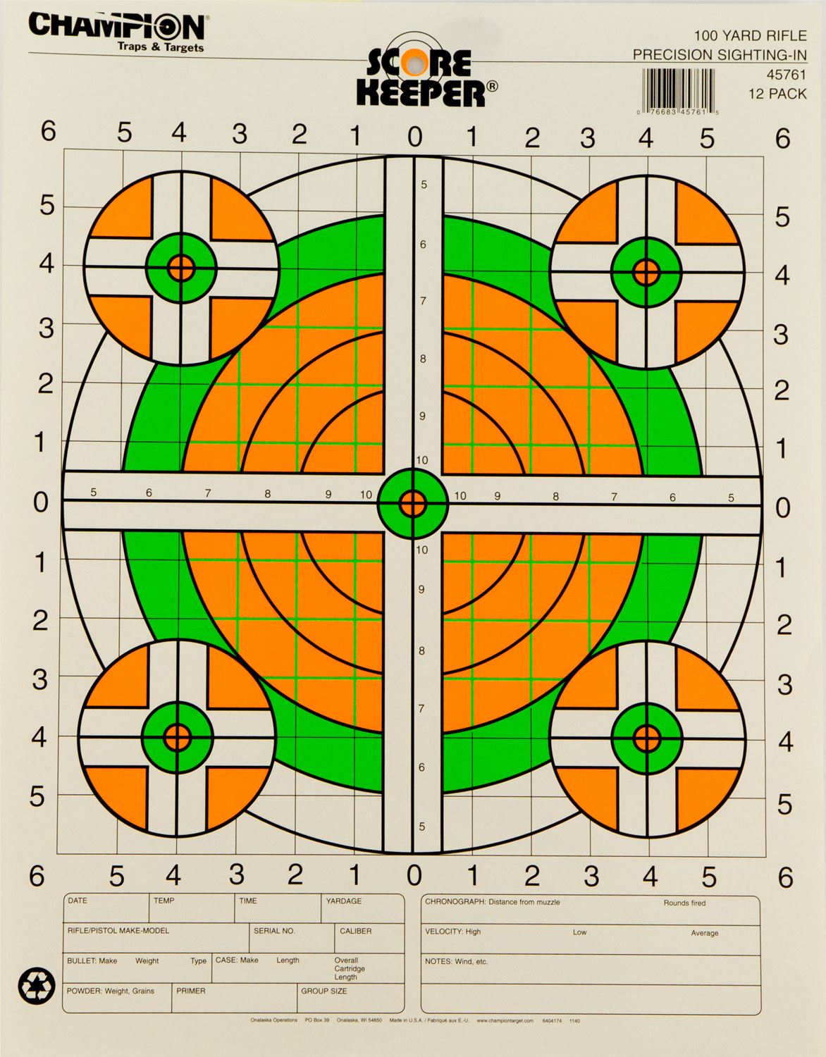 Champion Targets 45761 Score Keeper Bullseye Paper Hanging 100 yds Rifle 14" x 18" Green/Orange 12 PK