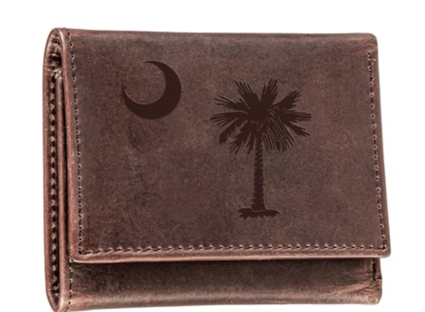Evergreen Tri-Fold SC State Tree Brown Leather Wallet