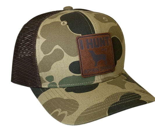 Brown Dog Camo Trucker Hat I Hunt Leather Patch