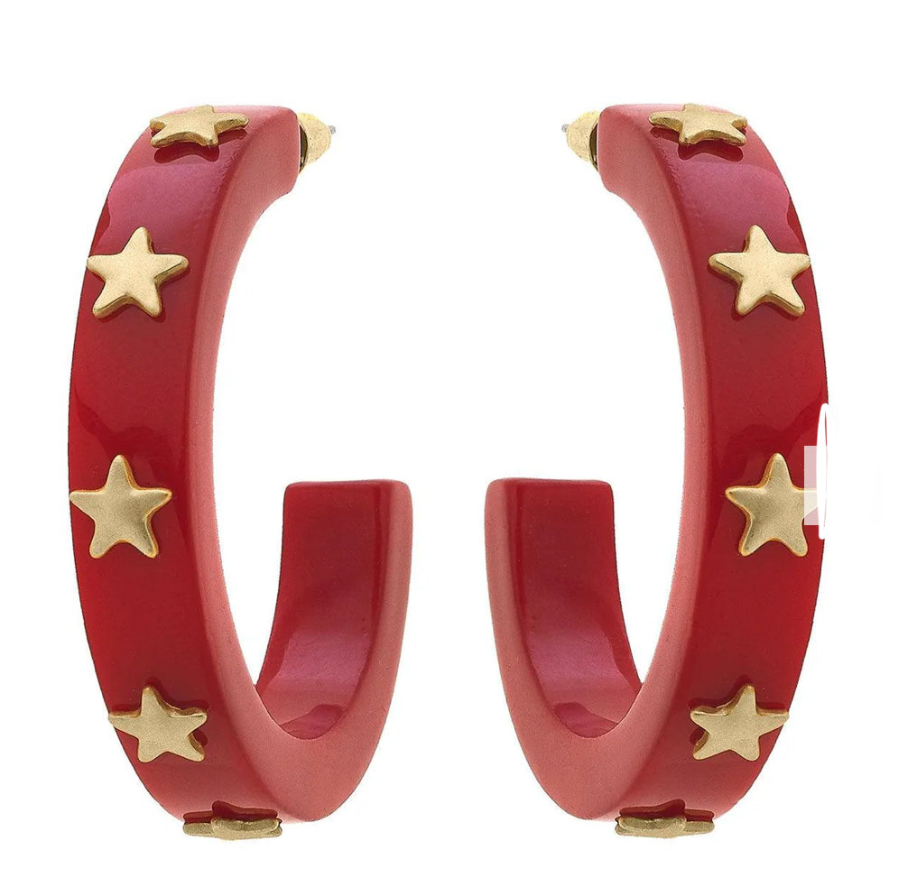 Canvas Liberty Star Resin Hoop Earrings In Red