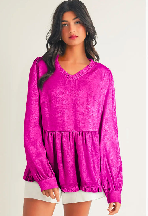 Ldc Metallic Frilled V Neck Puff Sleeve Babydoll Blouse Fushia