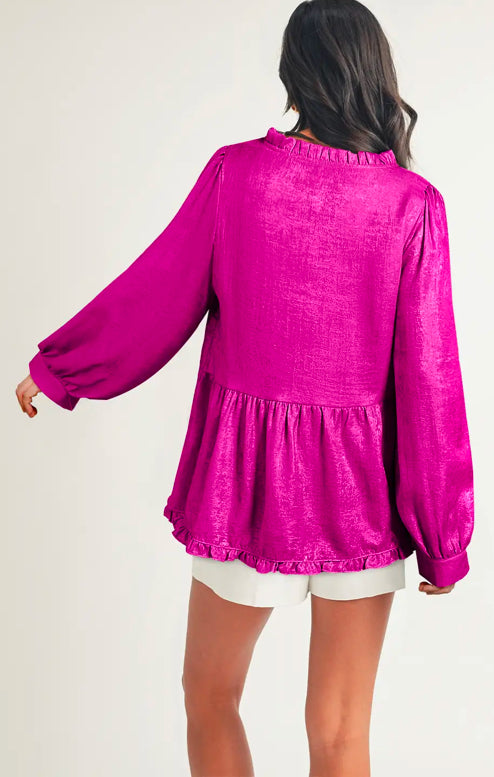 Ldc Metallic Frilled V Neck Puff Sleeve Babydoll Blouse Fushia