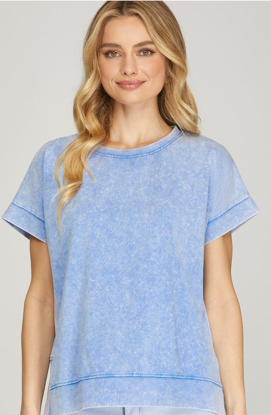 She+Sky Blue Short Sleeve Crewneck Wash Cotton T-Shirt