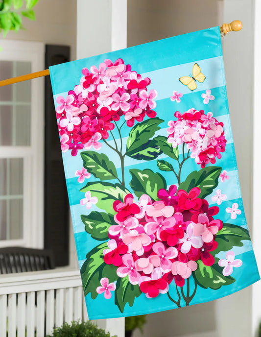 Evergreen Pink Hydrangeas Applique House Flag