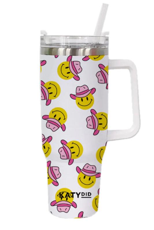 Katydid Cowboy Happy Face Tumbler Cup With Handle & Straw
