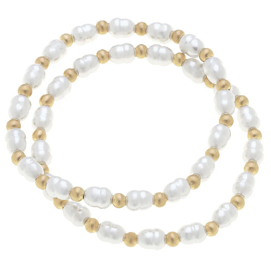 Canvas Carly Ball Bead & Pearl Stretch Bracelets (Sets Of 2) In Satin Gold