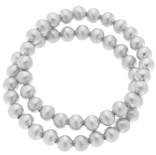 Canvas Jasper Ball Bead Stretch Bracelets (Sets Of 2) In Satin Silver