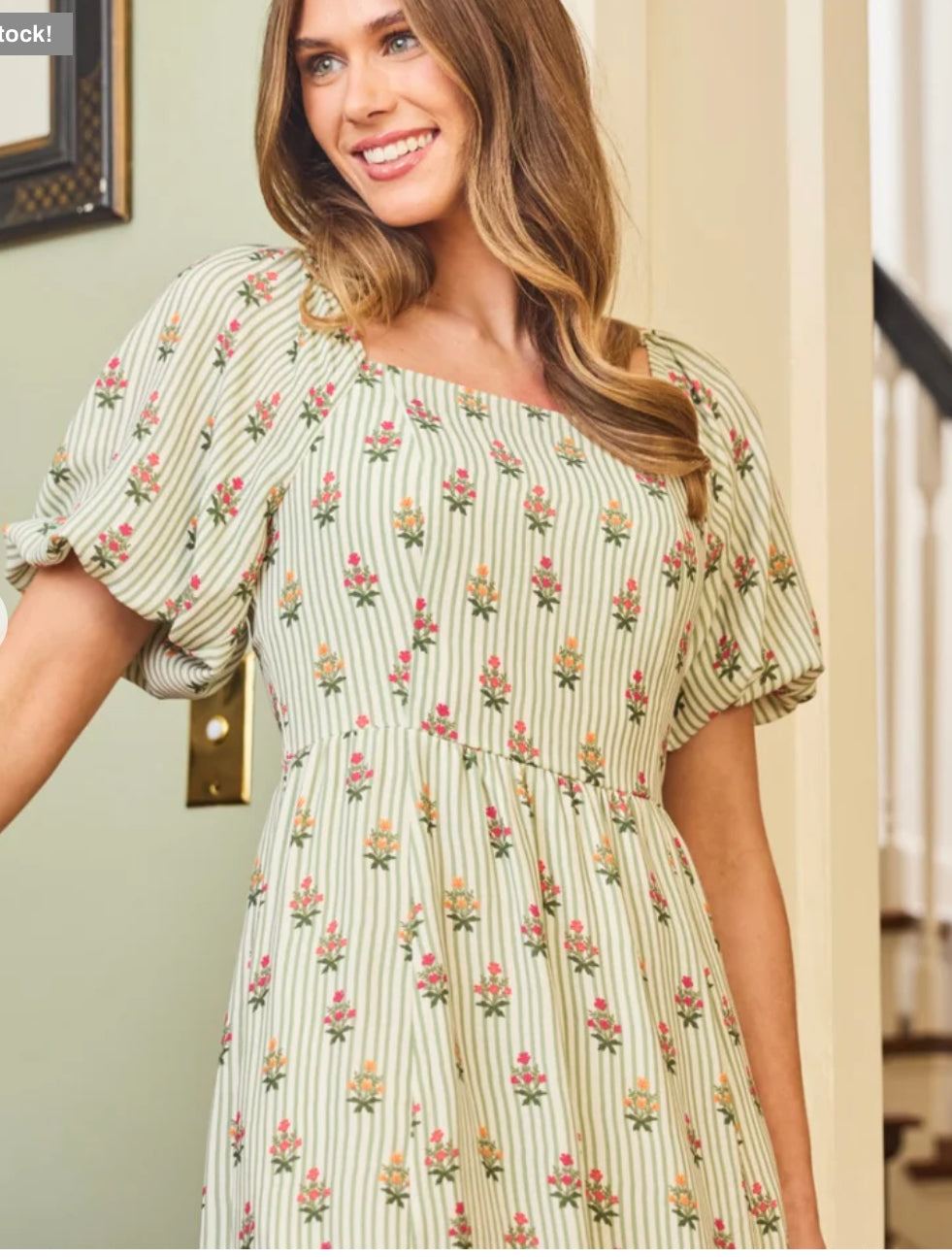 Mary Square Dress Alexi Cottage Stripes Green
