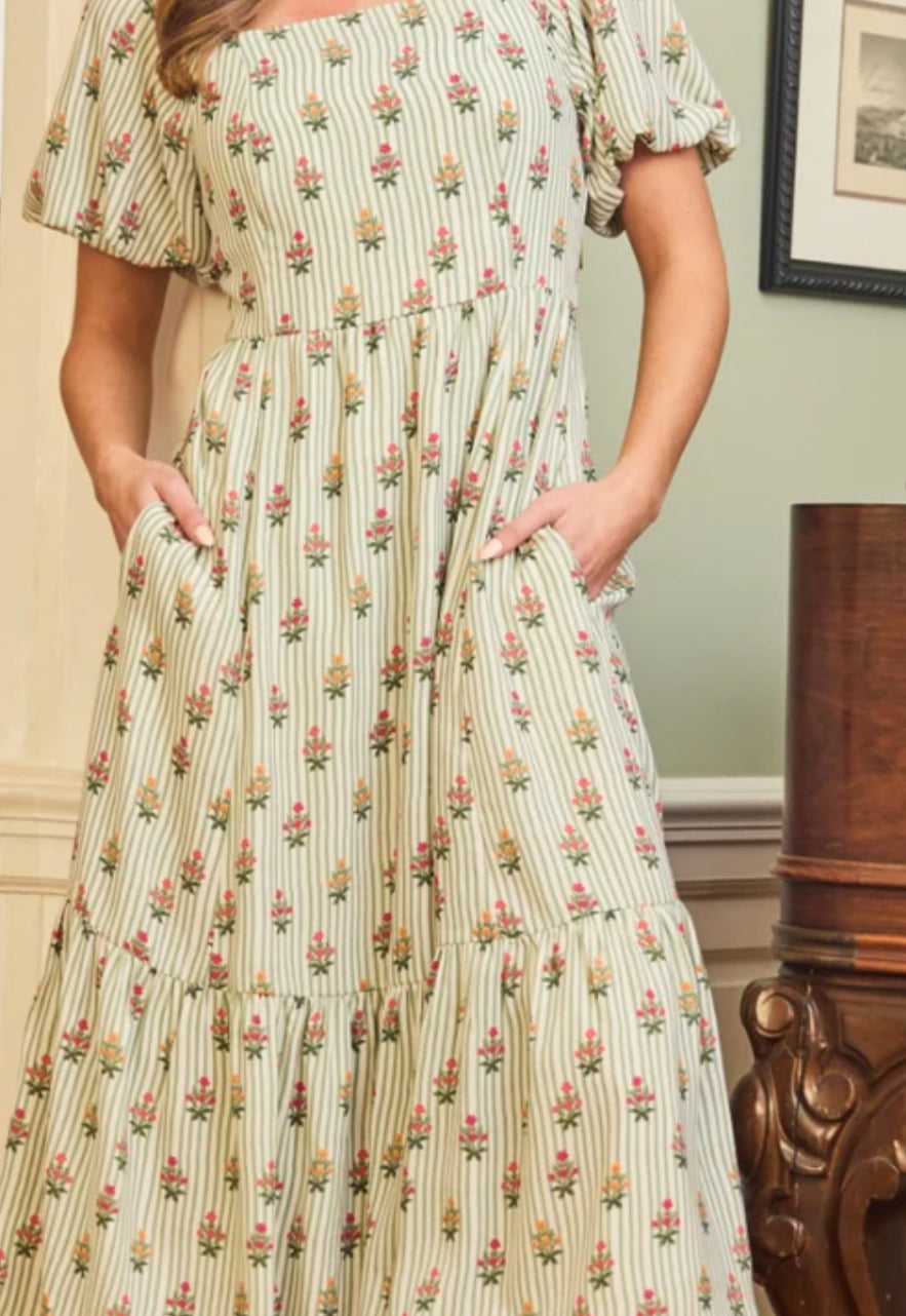 Mary Square Dress Alexi Cottage Stripes Green