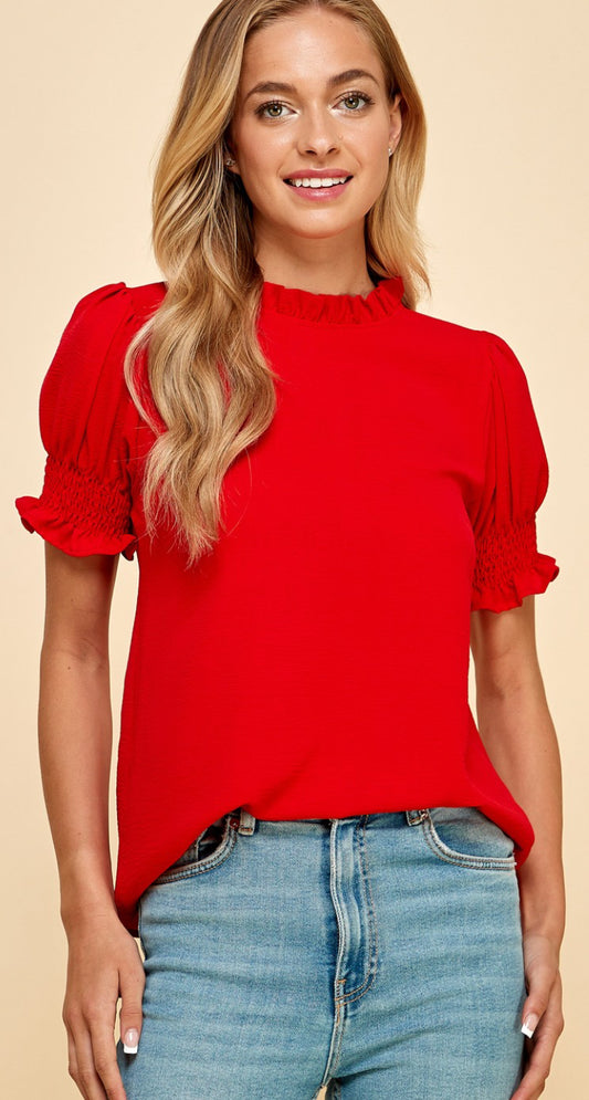 Les Amis Solid Top Ruffled Neck Detail With Smocked Sleeves  Hot Pink